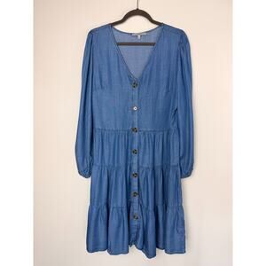 Casacabama Chambray Tiered Midi Dress Flowy Cottage Blue Boho Summer Party L